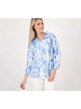 Isaac Mizrahi Live! Soho Pullover XXS Collared Bib Detail Blue Tie Dye Comfort